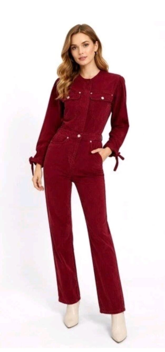 5964Zara the 80s Collection Devon Denim Burgundy Utility Jumpsuit Button Front M